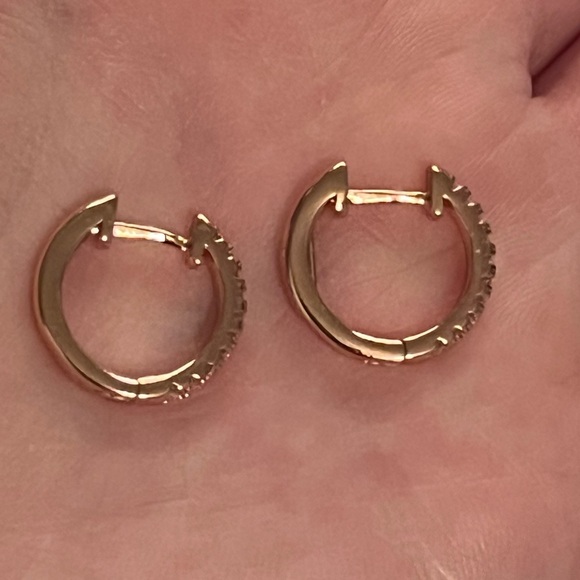 Rose Gold Diamond Huggie Hoop Earrings - Picture 5 of 6